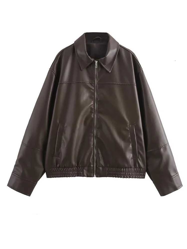 Vzvn Vintage Long Sleeve Lapel PU Leather Jacket Women Streetwear Solid Loose Zipper Coat 2025 New Autumn Winter Leather JacketT251017