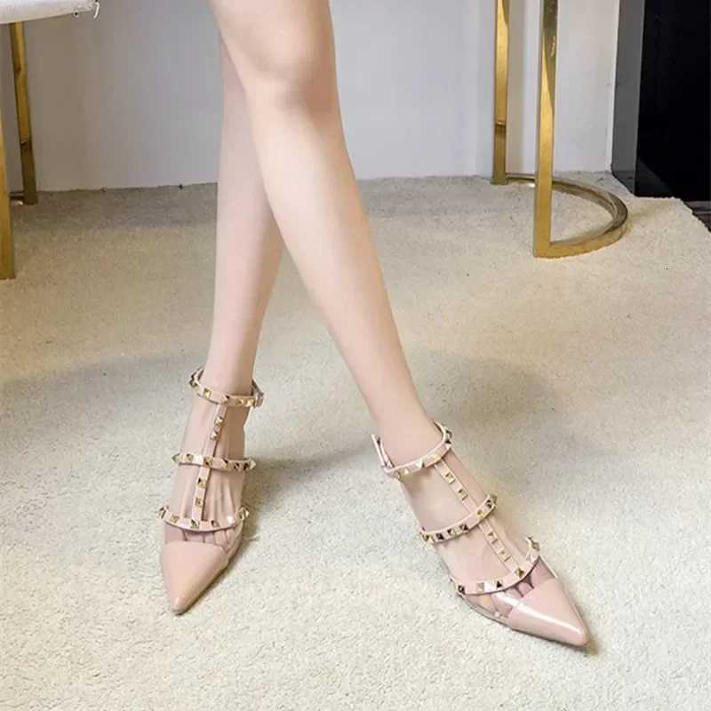 Original Brand Designer Metal Rivet Decoration High Heels Women Sexy Pointed Toe Patent Leather Ankle Strap Thin Heeled Sandals Z251015