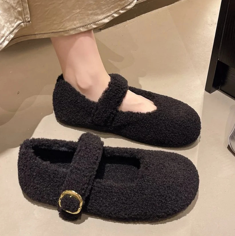 Fashion Round Toe Ballet Flats Boots for Woman Keep Warm Plush Loafers Ladies Fluffy Mary Jane Shoes Botas Mujer 251013