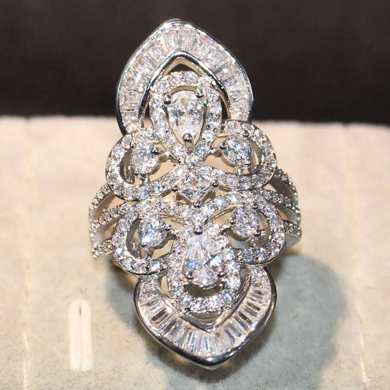 Brand New Jewelry Sterling Sier Pear Cut White Topaz CZ Dia Gemstones Princess Office Sparkling Wedding Wide Band Ring