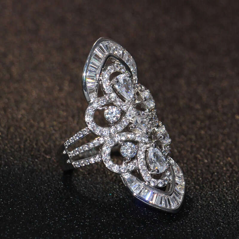 Brand New Jewelry Sterling Sier Pear Cut White Topaz CZ Dia Gemstones Princess Office Sparkling Wedding Wide Band Ring