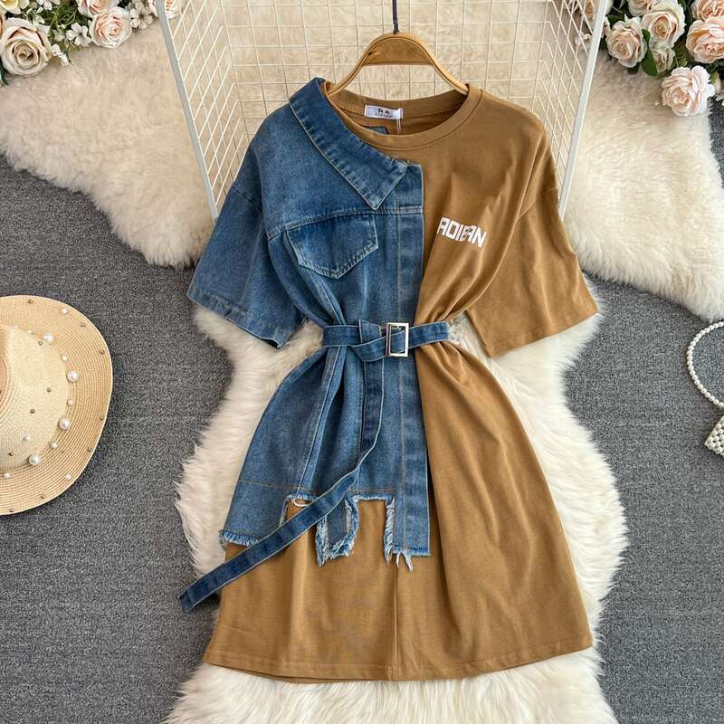 waist Waisted Round Neck Color Block Denim Shirt Chic Casual Mid-length