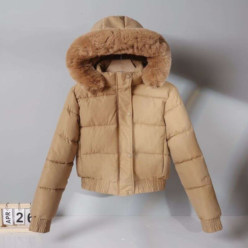 Women's Short Puffer Jacket With Hood & Faux Fur Trim - Warm Fleece-Lined Winter Coat For Petite, Casual Outerwear In Black/Beige/Khaki/Brown