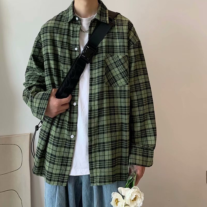 Plaid Shirt Men's Long Sleeve Autumn Trendy Top Ins Loose Cool Casual Jacket