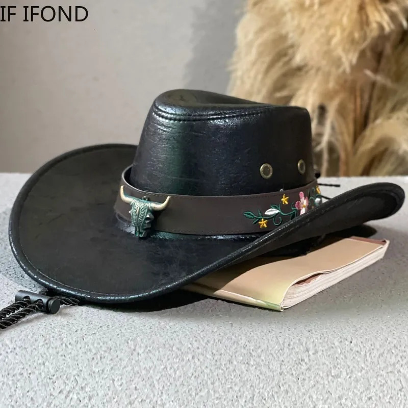 Fashion Cow Head Decorate Western Cowboy Hat Faux Leather Vintage Gentleman Jazz Hats For Men Panama Cowgirl Hat 251015