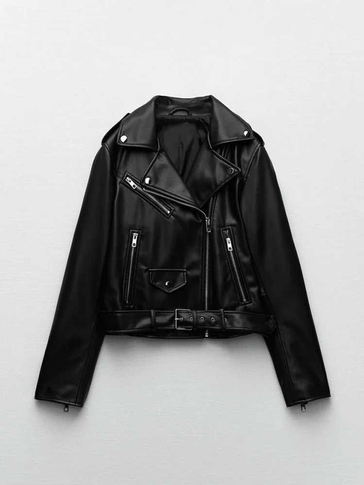 Fitaylor Spring Autumn Women PU Leather Jacket Casual Lady Lapel Zipper Moto Biker Jacket Vintage Female Outwear with BeltT251017