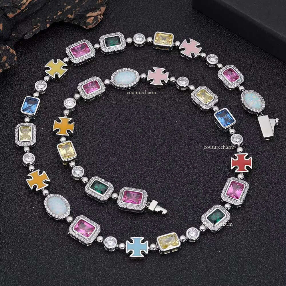Nuoya 10mm Custom Multi Color Enamel Bling Moissanite Stone Sier Geometric Gemstone Motif Iced Out Chain Necklace