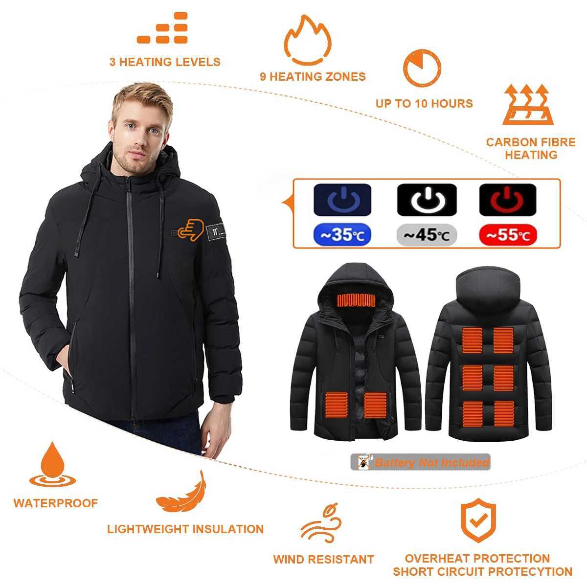 Mens Heated Jacket Winter Warm Outdoor USB Electric Heated Jacket with 9 Carbon Fiber Heating Pads 3 Temperature Levels H251017