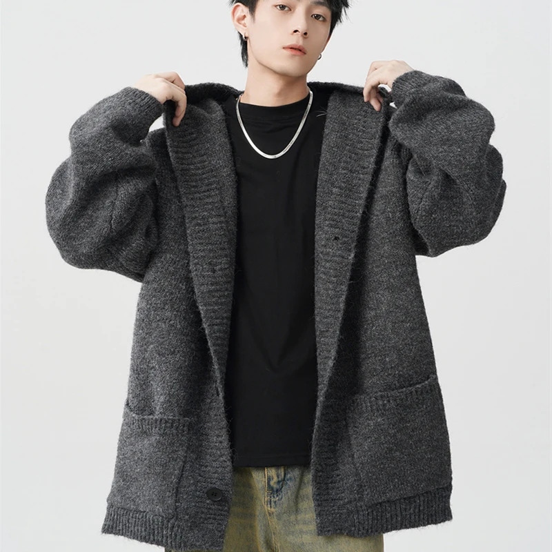 Winter Gray Woollen Knitted Cardigan Hooded Sweater Mens Pockets College Fashion Knitwear Jacket Y2K Vintage Jumpers Hombre 251017