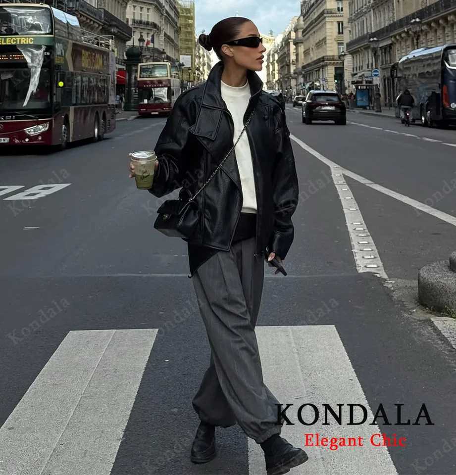 KONDALA Stand Collar Leather Jacket Womens Fall Winter Zipper Faux PU Leather Loose Jacket 2025 Fashion Female Elegant JacketT251017