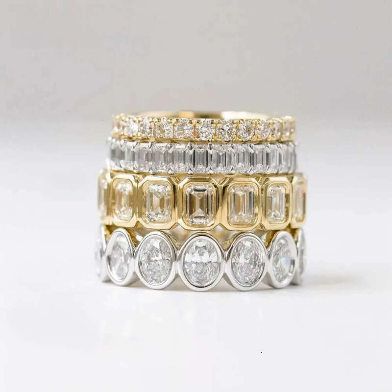 Luster Unique Wedding Eternity Band Sier 14k Gold Bezel Set 3x5mm Emerald Cut Moissanite Oval Ring for Women