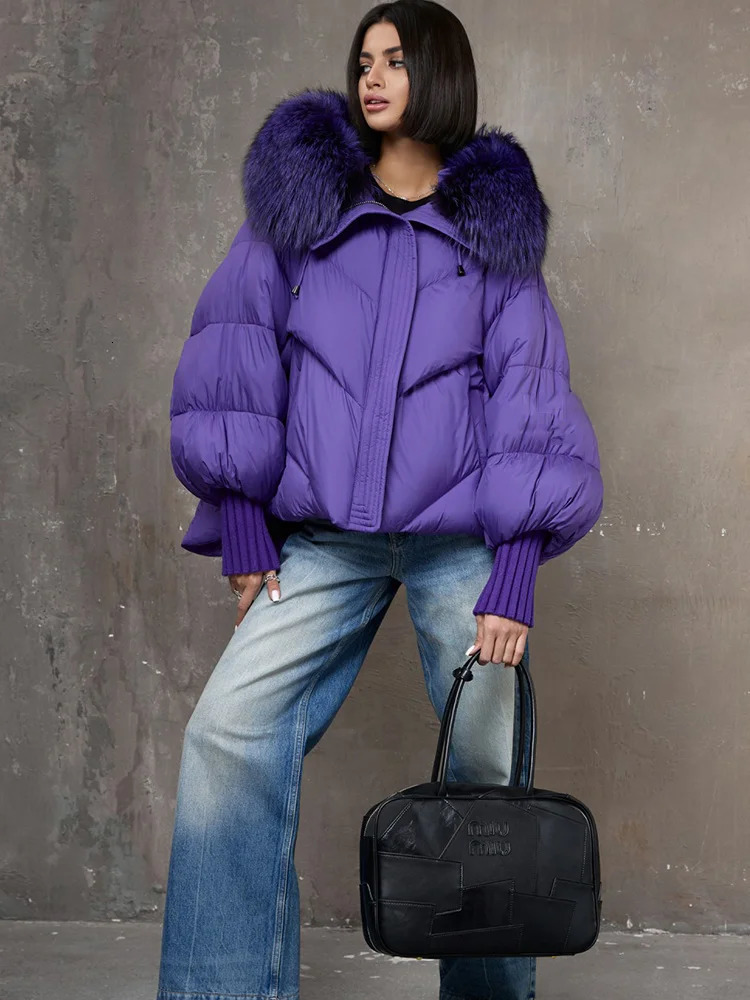 Women Winter Goose Down Jackets Real Fox Fur Collar Hooded Thick Natural Raccoon Fur Female Outwear Warm Loose Puffer Coats 251011
