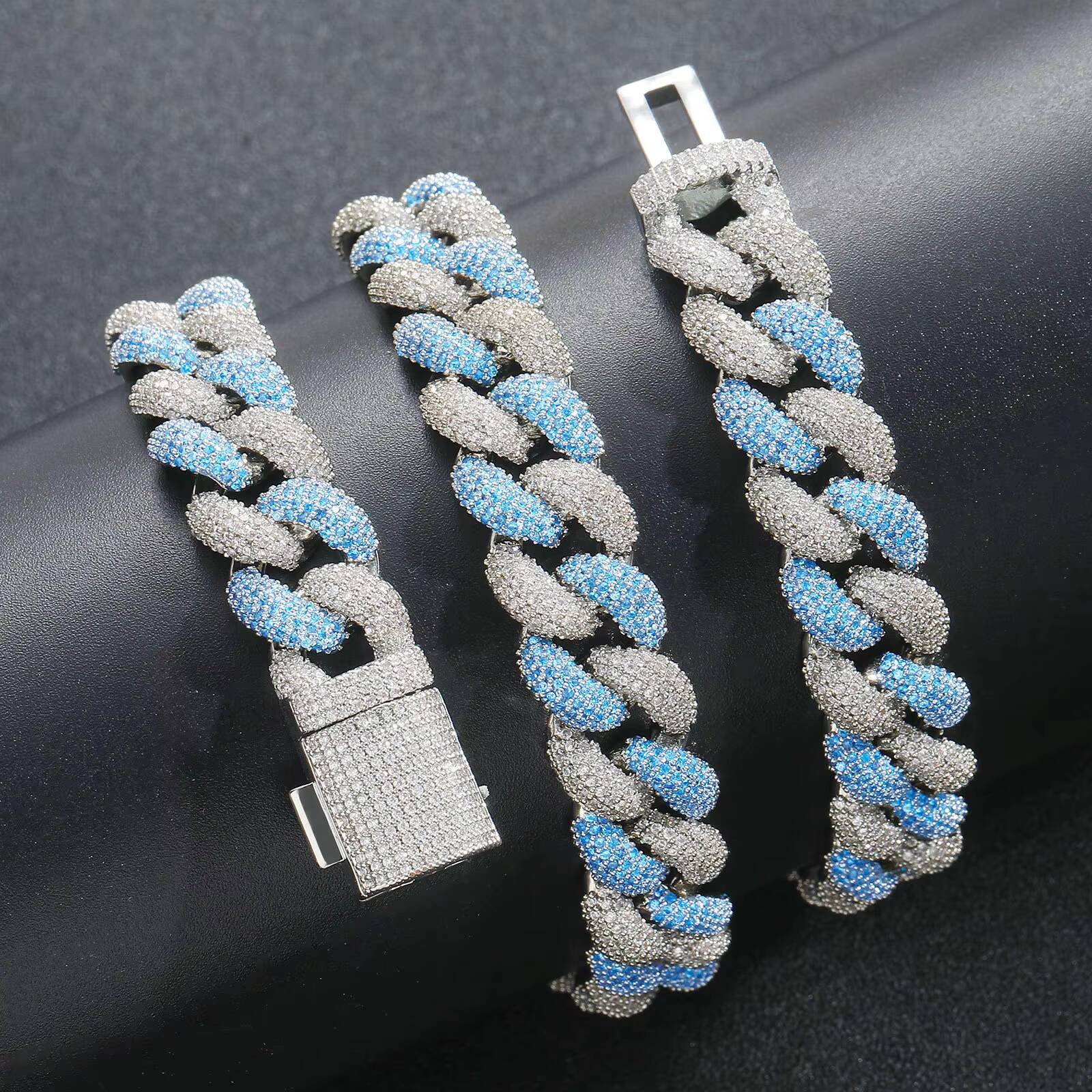 14MM Blue Stylish Streetwear Jewelry Brass Two Tone Iced Out Cuban Link Chain Necklace for Men