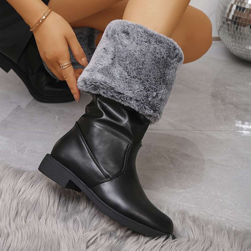 Women's Slip-On Knee-High With Rabbit Faux Fur Collar Elastic Round-Toe Flat Synthetic Cover Upper Rubber Sole Casual, Party, Wedding, Comfortabl