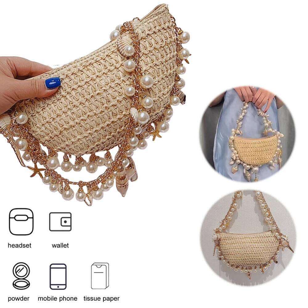 Designer Bags Women Conch Handbag With Pearl Chain Elegant Handwoven Straw Shoulder Breathable Holiday Beach Bag Seaside Soft Pouch Luxury Bag