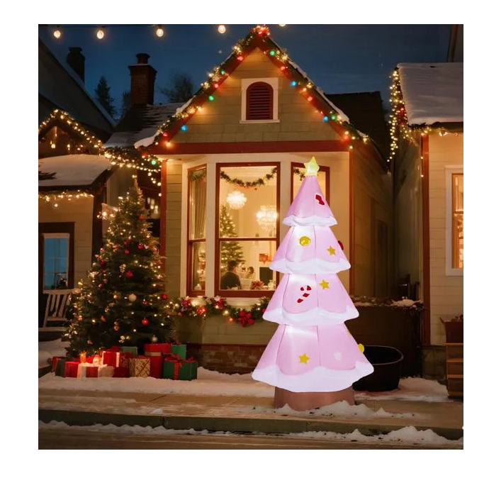 7.2FT Lighted Christmas Inflatable Decoration Inflatable Pink Christmas Tree Funny Blow Up Yard Decorations with Built-in LED Lights for Holiday Party