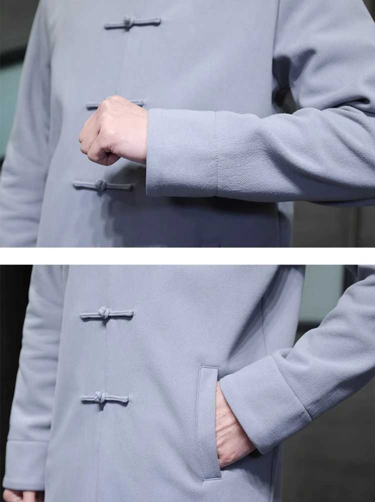 Chinesestyle Blue Long Jacket Mens Gray Singlebreasted Standup Collar Trench Coat Spring Fall Winter Top J251017