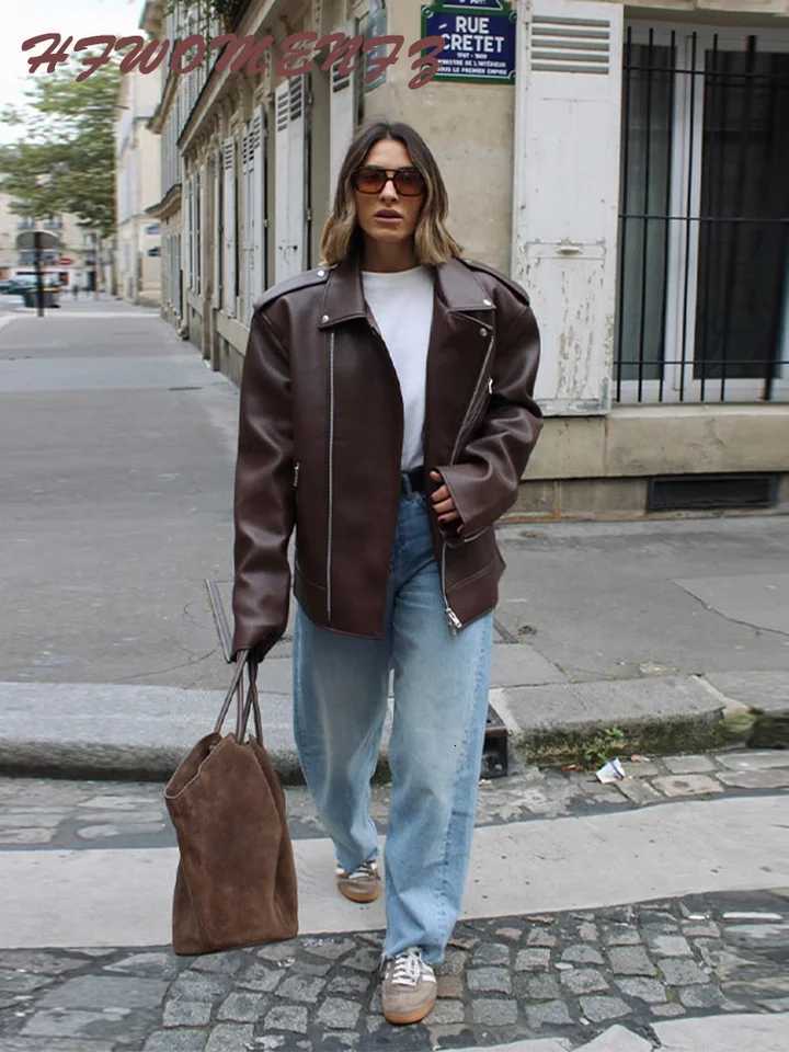 Solid Pu Leather Women Jacket Laple Long Sleeve Zippers Female Coat 2025 Fashion Vintage All Match Pocket Y2k Lady OutwearT251017