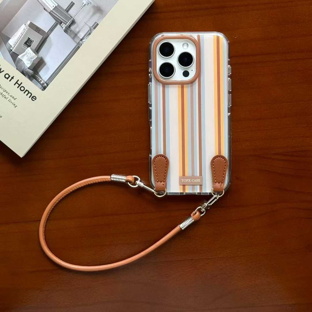Autumn Winter Color-Block Striped Compatible with iPhone 17 Leather Lanyard Pro Max Apple 16 Phone Case 15 Women 14