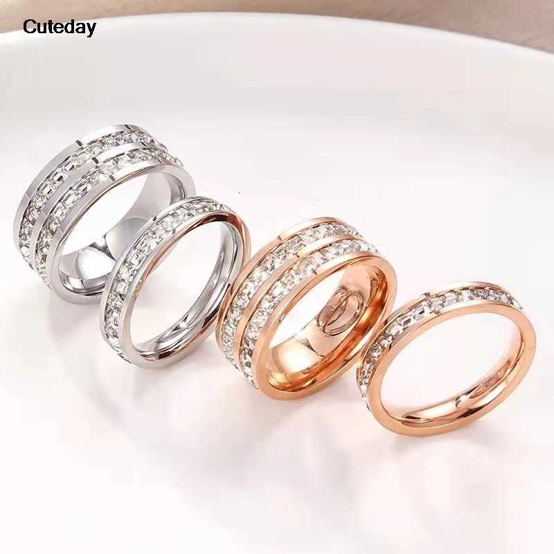 Luxury Rose Gold Double Rowed Square Zircon Stainless Steel Ring Womens Romantic Engagement Wedding Party Jewelry Women GiftW251017