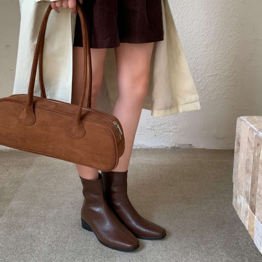 2025 Autumn New Women's Designer Shoe - Korean Style Fashionable Short Boots, Square Toe Slim Thick Low Heel with Convenient Back Zipper