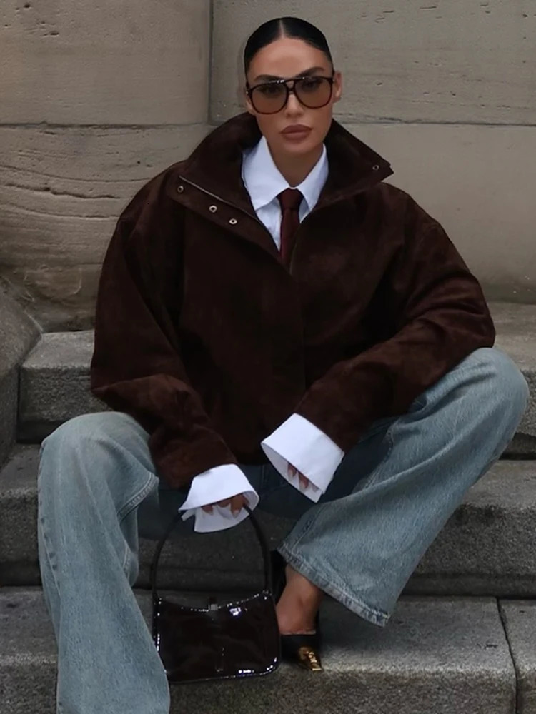 Women Casual Solid Short Suede Jacket Fashion Solid Chic Lapel Zipper Pocket Loose Jackets Lady Autumn Daily Commute Street Coat 251013