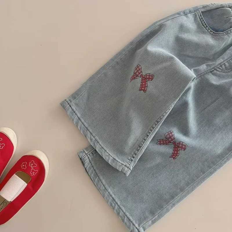 2025 Summer Kids Girls School Wide Leg Pants Korean Printed Bows Baby Girls Jeans Straight Denim Pant New Sweet Fashion 28yT251017