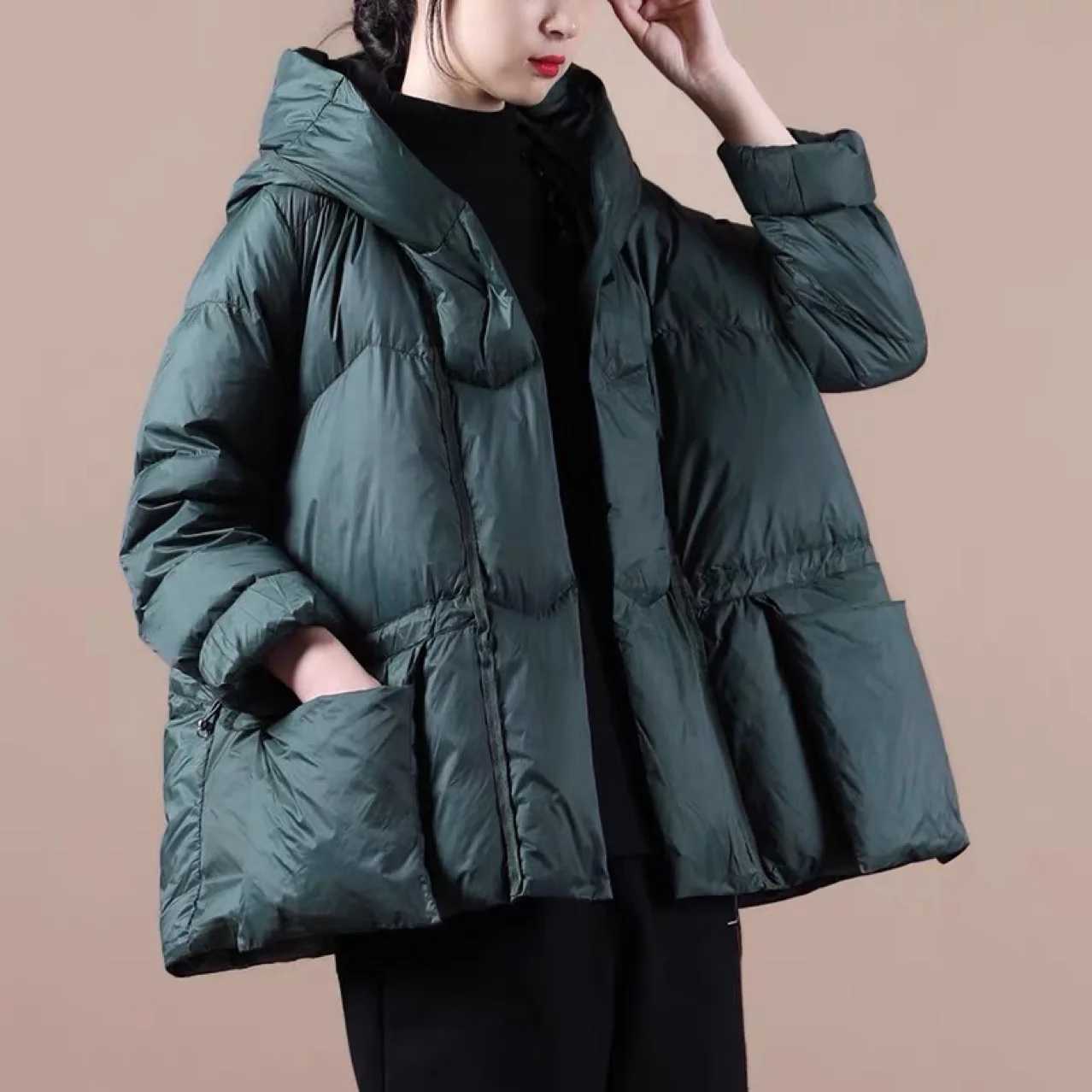 Winter new womens hooded solid color jacket casual loose pocket drawstring short duck down jacket women coats4 Colors W251016