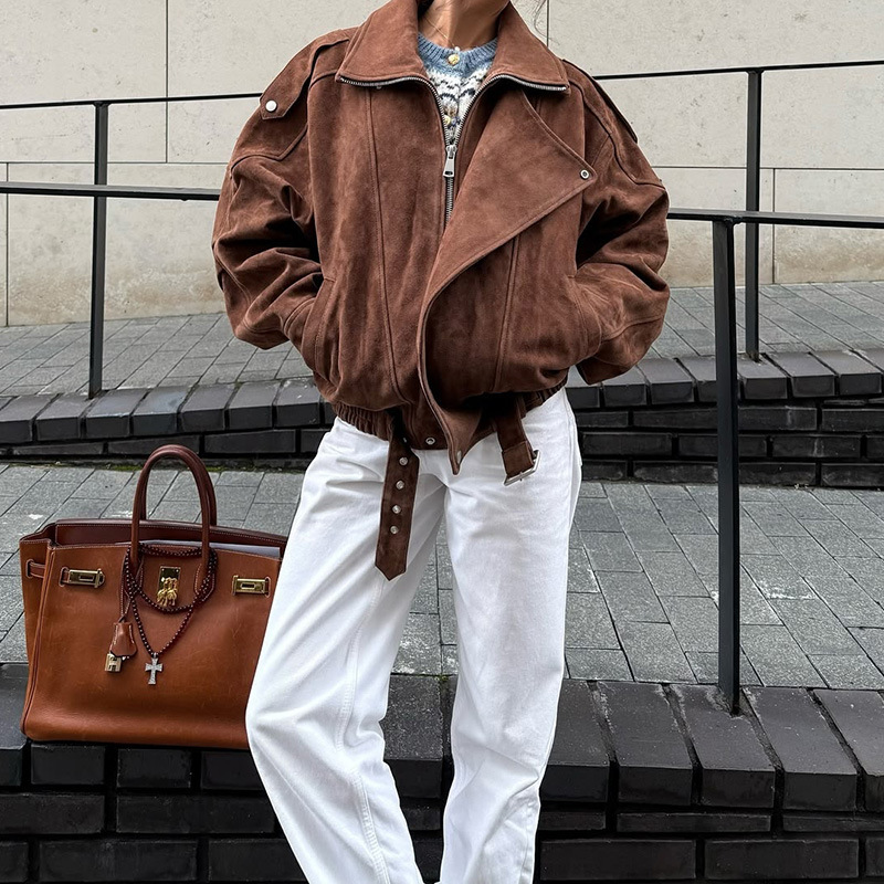 Women's Jackets Vintage Suede Zipper Jacket Women Casual Loose Turn-down Collar Button Brown Long Sleeve Coat Spring Street Chic Outerwear