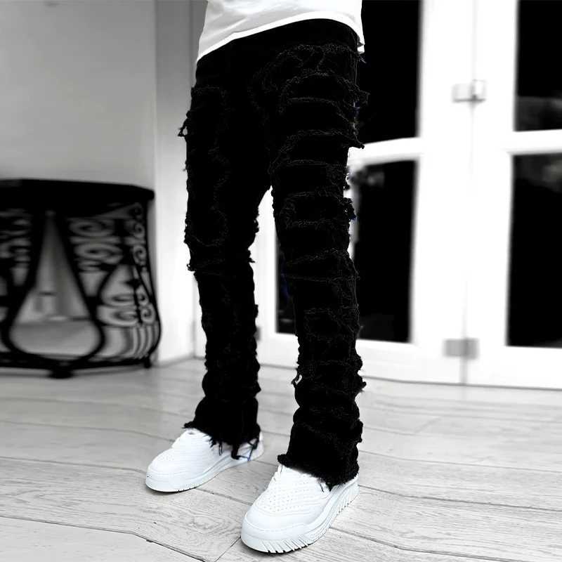 Y2K Mens Old Ripped Jeans Slim Fit PaTCh StreTCh Blue Black Pencil Denim Pants 2025 Autumn Harajuku Streetwear1 Y251105
