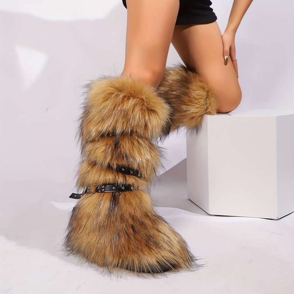 Women's Stylish Faux Fur Boots With Chain Detail - Warm Snow Slip-On Round Toe, Flat Superfine Fiber Upper & Lining, TPR Sole, Perfect For Outdoo