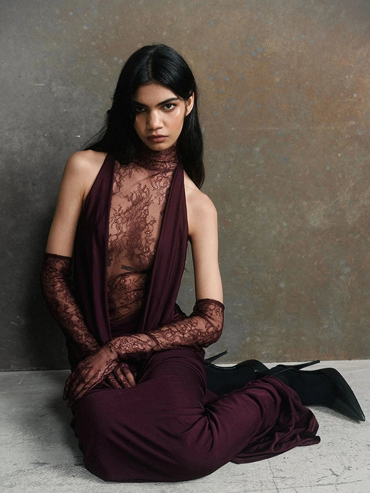 Sexy Turtleneck Lace Patchwork Flods Long Dress With Gloves Women Sleeveless Backless Pleated Dresses Evening Party Cocktail 251017