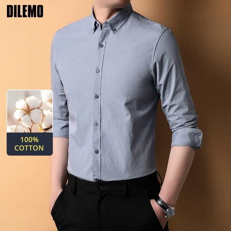 Top Grade 100 Cotton Antiwrinkle New Fashion Breathable 2025 Men Shirt Checkered Brand Plaid Slim Fit Long Sleeve Casual Tops J251017
