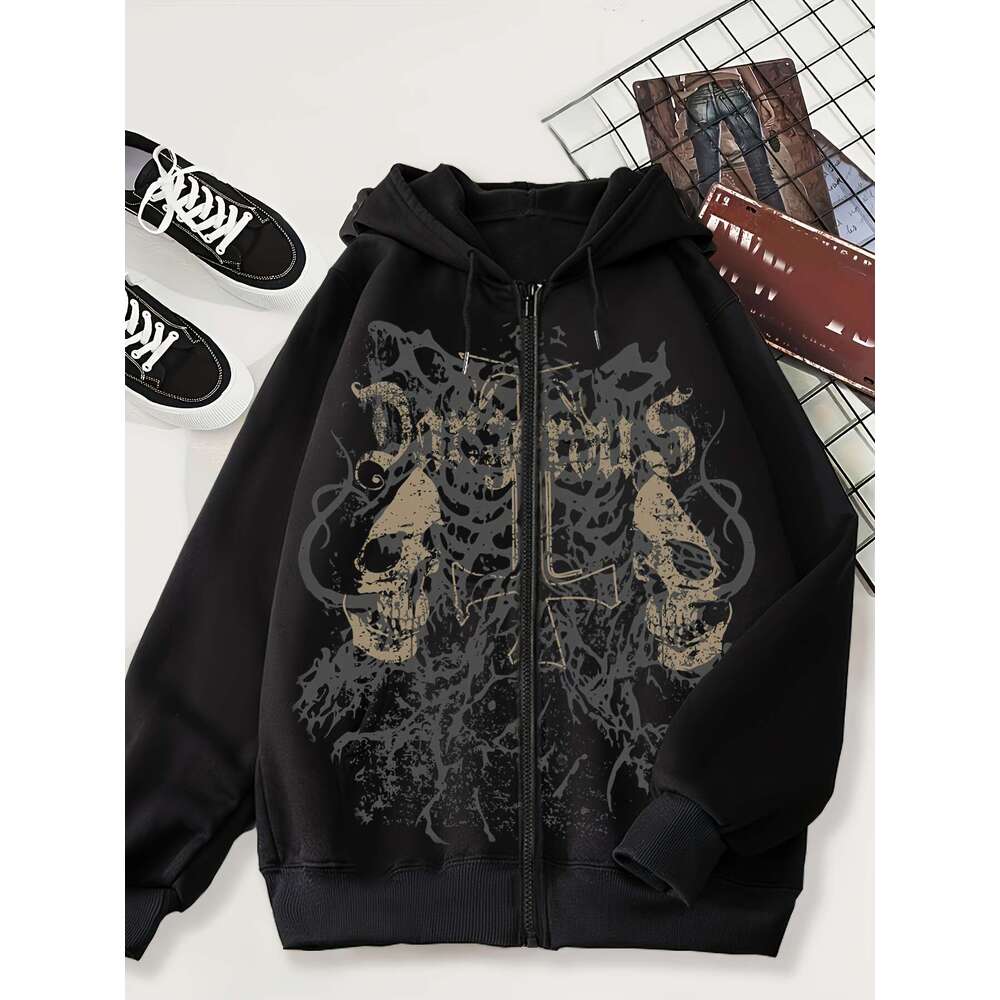 Women's Sweatshirt Dark Green Graphic Hooded Sweatshirt | Women's Casual, Skull & Crossbones Print, Zipper Front, Hine Washable, All-Season 