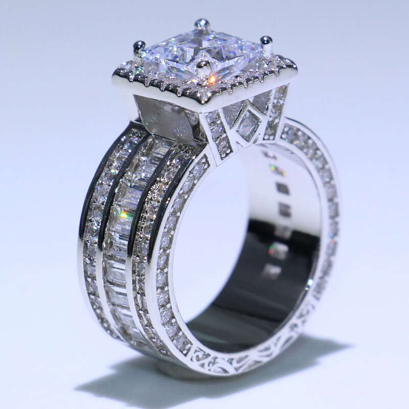 Wholesale Professional Jewelry Sterling Sier Princess Cut White Topaz CZ Dia Pave Promise Women Wedding Engagement Ring