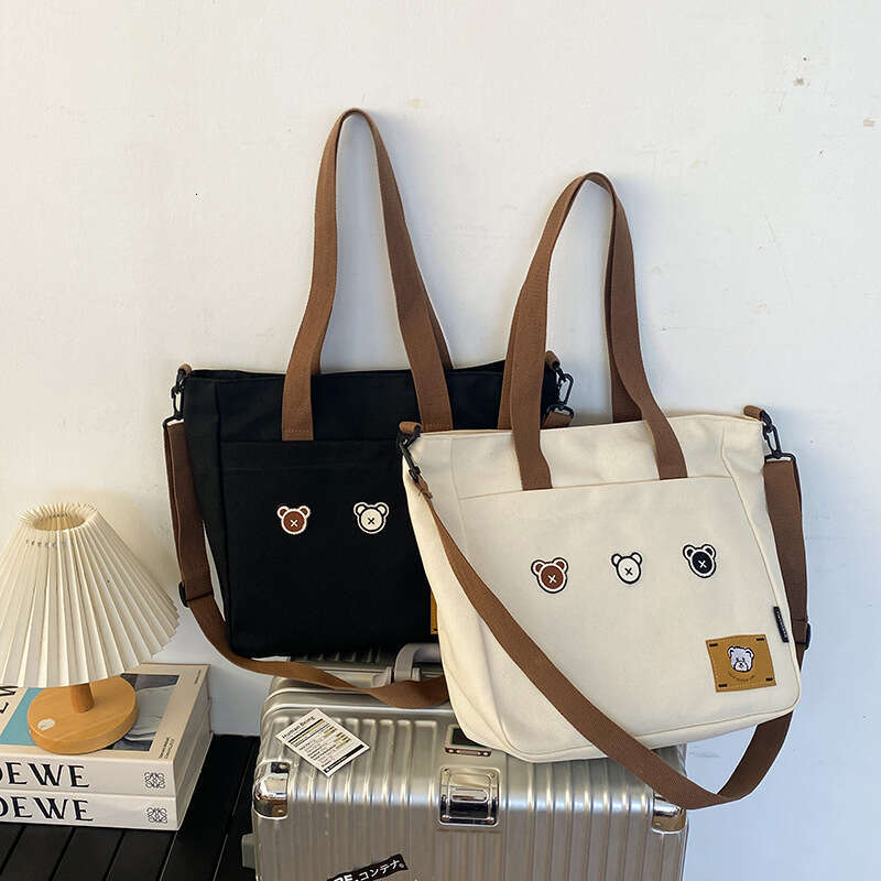 2025 New Printed Canvas Shoulder Large Capacity Casual Tote Bear Crossbody for Women Student Tutoring Bag
