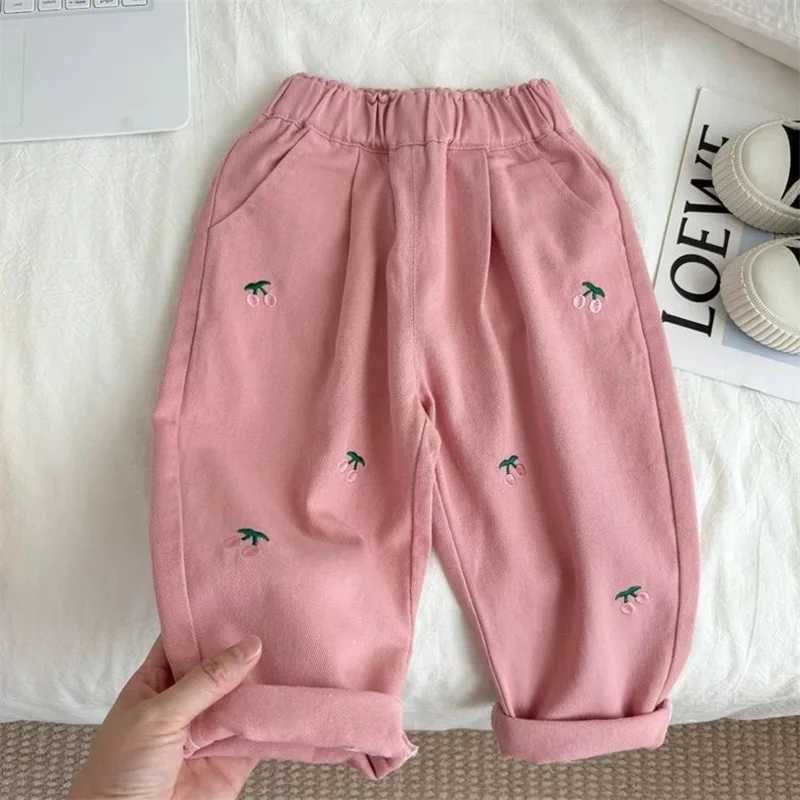Spring Autumn Sweet Children Pants Cherry Embroidery Girls Casual Trousers Childrens Fashion Loose Fit Kids Clothing Baby GirlsT251017