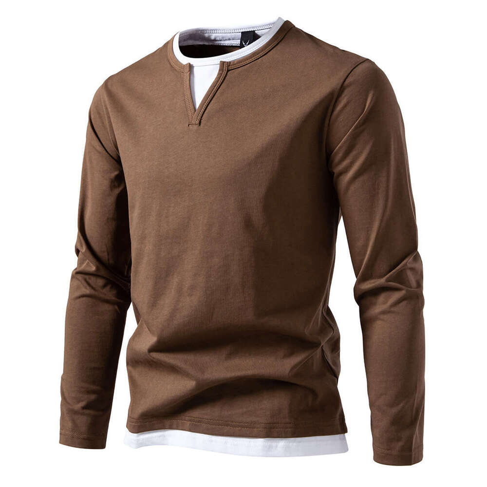 Fake Two-Piece Double Layer V-Neck Autumn Winter Fashion Patchwork Plus Size Base Shirt Men's Long Sleeve T-Shirt B5