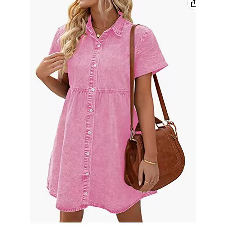 G1017Hot selling European and American washed denim lapel loose sweet ruffle dress short skirt