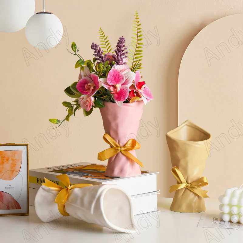 European Ceramic Vase Creative Bouquet Bow Decorative Living Room Desktop Flower Vases Modern Art Home Decoration Ornament C251017