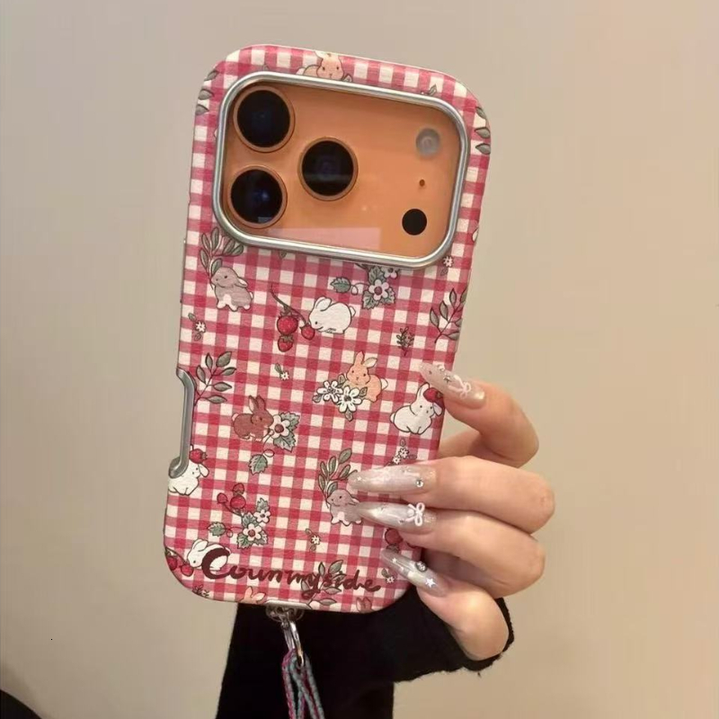 Fresh Red White Checkered Flower Strawberry Rabbit Case for iPhone 17 Pro, Apple 16, and 15 New Model