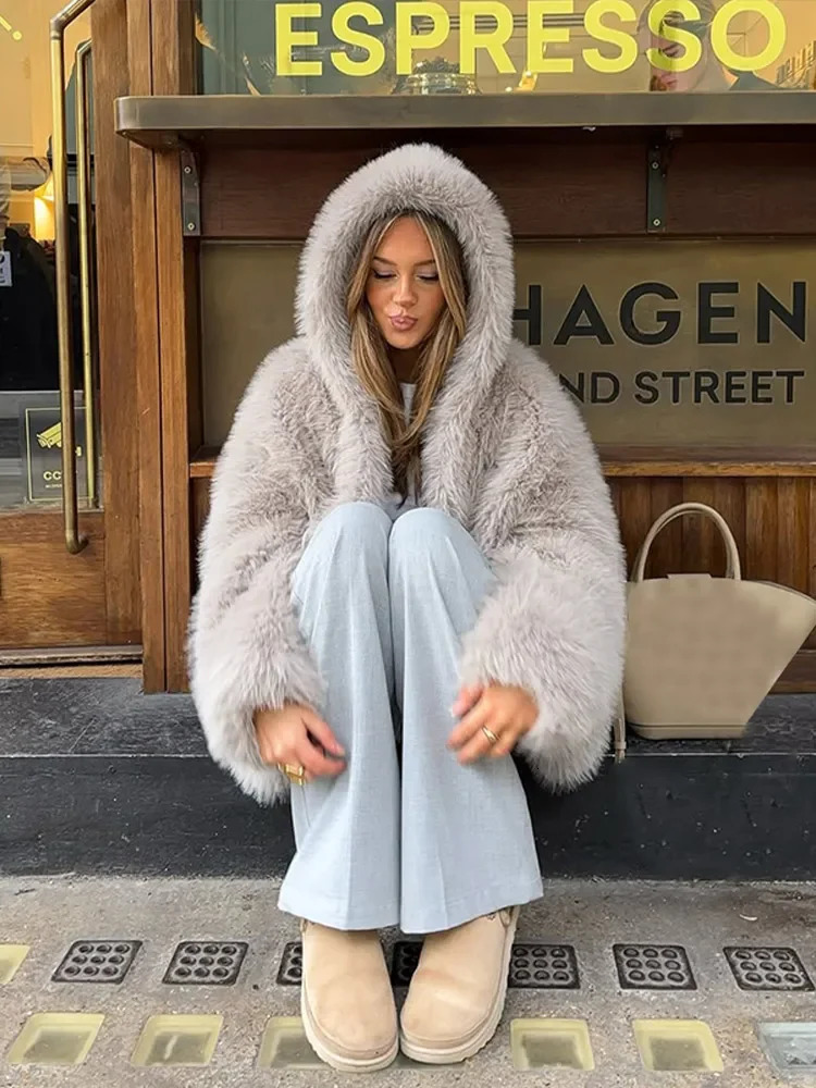 Chic Grey Hooded Fur Jacket Women Fluffy Vneck Long Sleeve Hidden Button Loose Warm Short Jacket Lady 2025 Commute Street Coats 251017