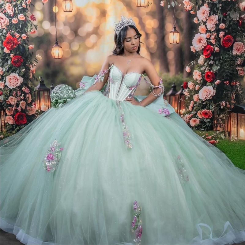Light Green Shiny Quinceanera Dresses Off The Shoulder Applique Lace Beads Bow Tull Party Birthday Sweet 16 Dres Vestidos 15 De Anos