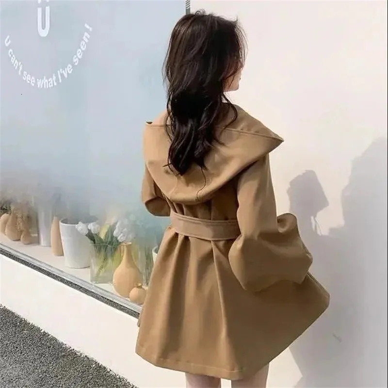 Hooded Trench Coat Womens Spring And Autumn Lantern Sleeves HighEnd Casual British Belt Windbereaker Ladies Outwear W3179 251013