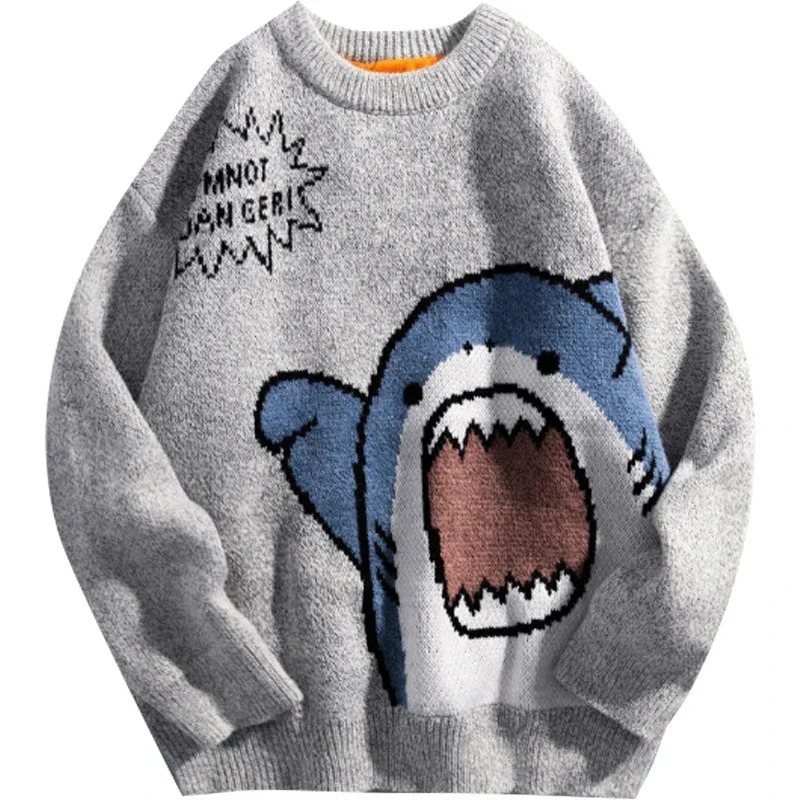 Shark Sweater Men Winter Cartoon Harajuku Korean Y2k Oversized Turtleneck Hip Hop Loose Knit Jumper Pullover High Collar Sweater 251017