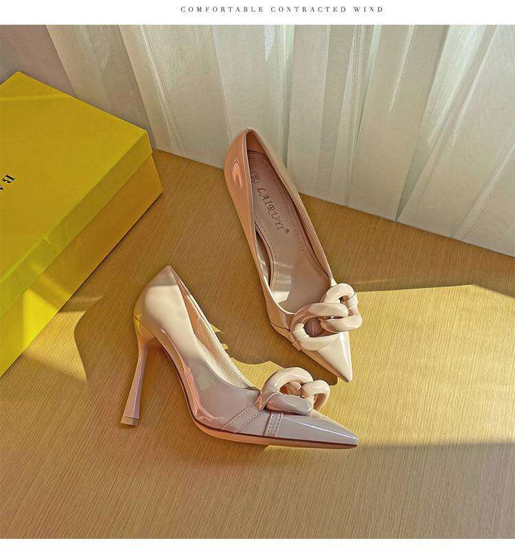Plus Size Women Shoes Leather Fashion Chain Pointed Toe Shallow Mouth All-Match High Heel Shoes
