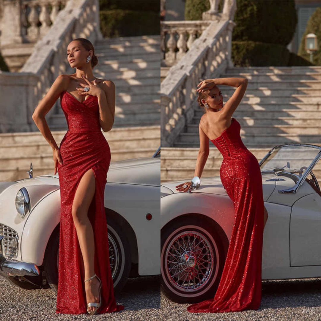 Sexy High Slit Evening Dresses Sweetheart Sleeveless Mermaid Prom Gowns Sequins Floor Length Dinner Party Customized Dresses