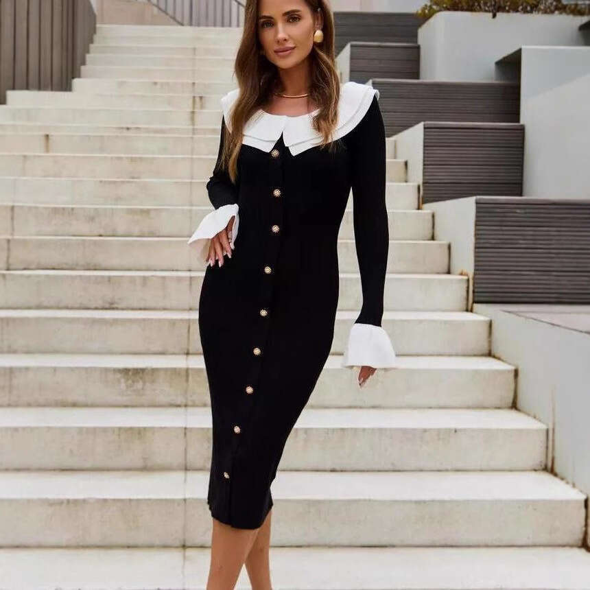 Autumn Winter New Knitted Sweater For Women Fashion Patchwork Color Block Slim Elegant Temperament Dress B5