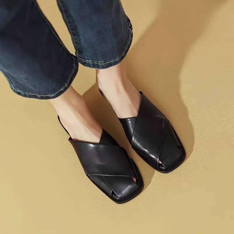 Women Mules 2025 Summer Elegant Square Closed Toe Flat Slippers Female Shoes Casual Leather Black White Slides Plus Size 35-40