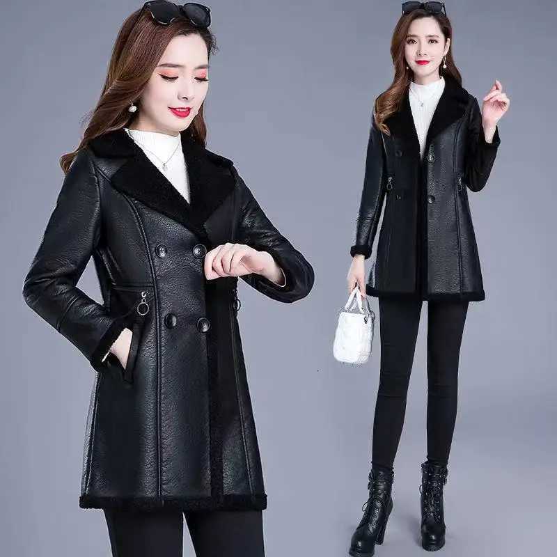 XL6XL Women Leather Jacket Autumn Winter MidLong Faux Leather Motorcycle Windbreaker Coat Mother Winter Thick Velvet OvercoatT251017